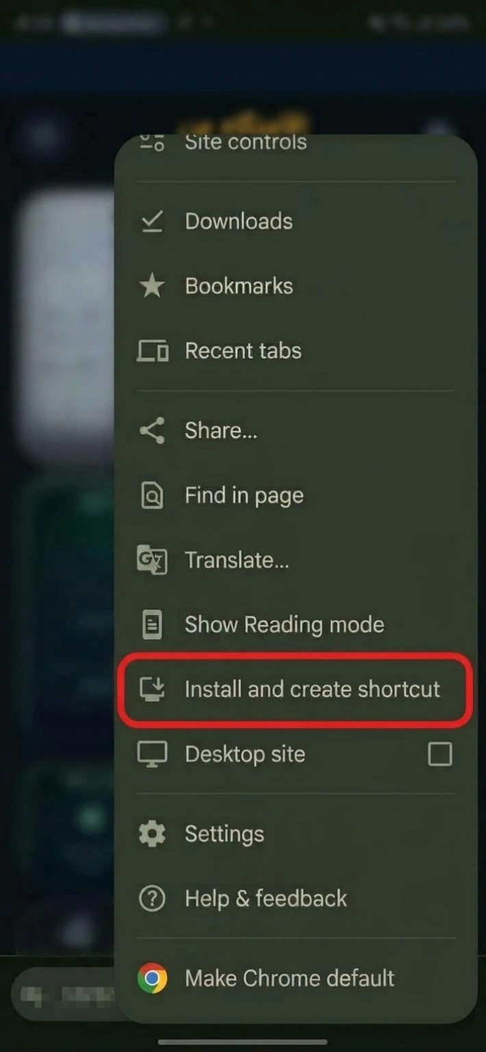 اسکرینشات واقعی منوی Chrome و گزینه Install and create shortcut